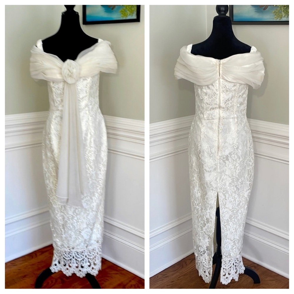 Scott McClintock Ivory Lace Off-Shoulder Sheath Wedding Dress